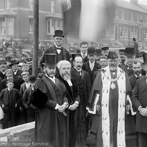 Mayor and dignitaries in front of crowds