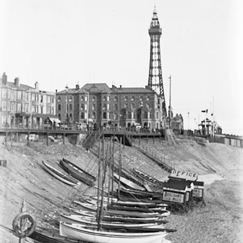Boats on foreshore with Blackpool Tower in background