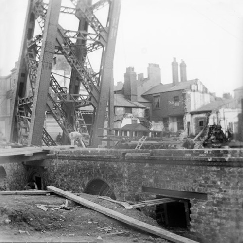 Building foundations and steel girder on a building site