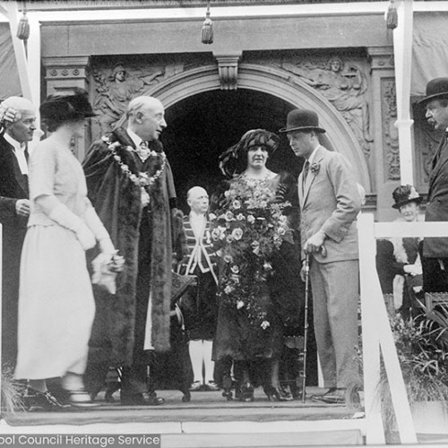 Mayor and dignitaries greeting Prince outside Town Hall