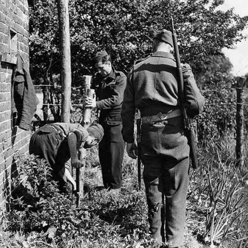 Two men working, whilst a soldier watches over them with a rifle on his shoulder.