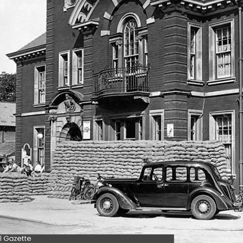 Sandbag walls in front of the Police Station.