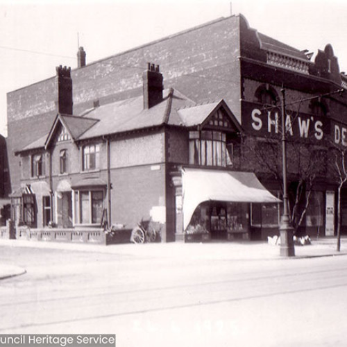 Street scene with garage building.