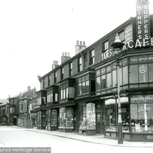 Street scene with cafe building.