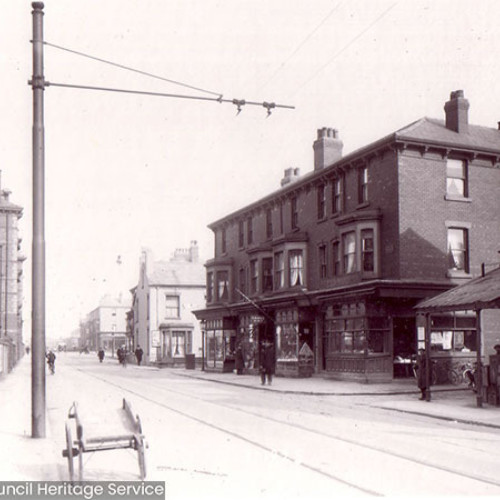 Street scene of shops and houses