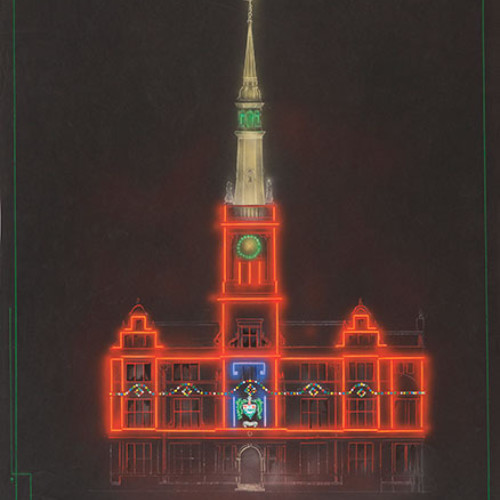 Illustration of a building with brightly coloured neon lights