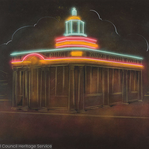 Illustration of a building with brightly coloured neon lights