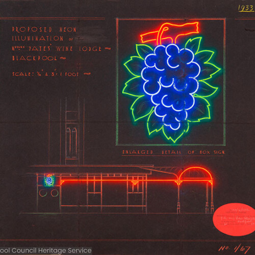 Illustration of a building with brightly coloured neon lights