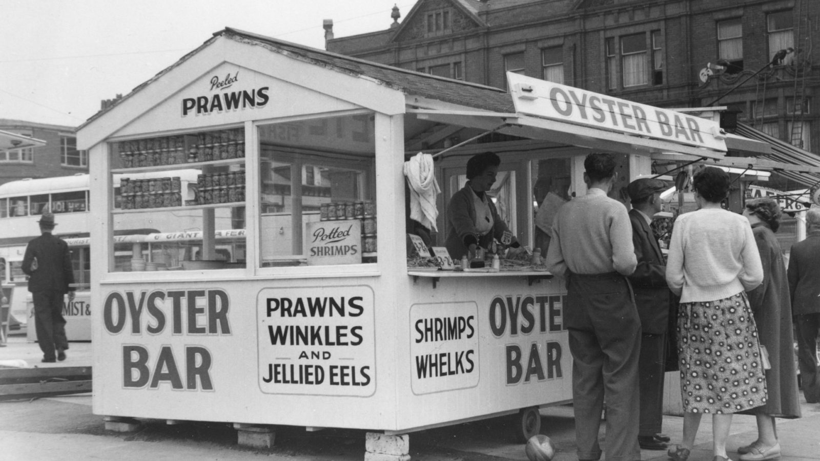 Oyster Bar. Shrimps, Whelks, Prawns, Winkles and Jellied Eels.