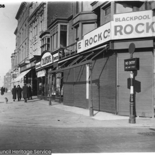 Street corner and shop fronts of Blackpool Rock and Collinsons