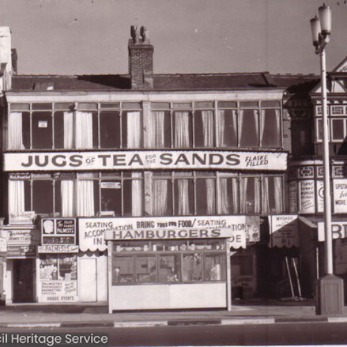 Brunswick Cafe, Jugs of Tea for the Sands, Hamburger stall and The Bee Amusement Arcade.