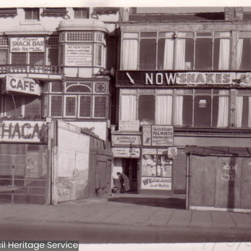 The Old Original Brunswick Cafe on the left, with the building to the right advertising Now Snakes.