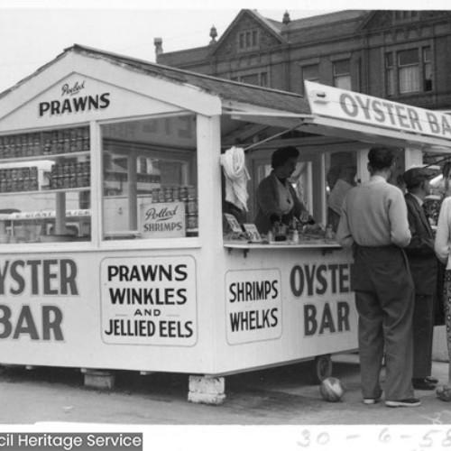 Oyster Bar. Shrimps, Whelks, Prawns, Winkles and Jellied Eels.