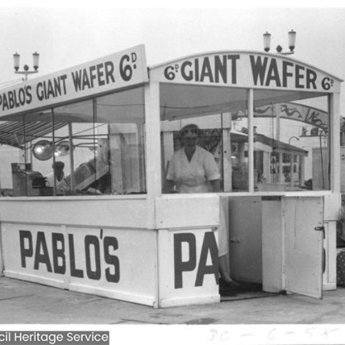 Pablo's ice cream stall, advertising their Giant Wafer.
