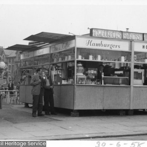 Refreshments stall, Hamburgers, Snacks, Jugs of Tea, Hot Donuts.