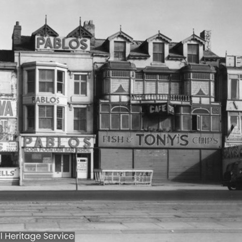 Row of buildings including Allans, Pablos, Tony's Fish and Chips and Epstein's.