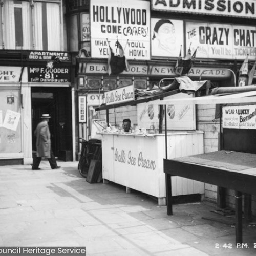 Forecourt with an ice cream stall on.