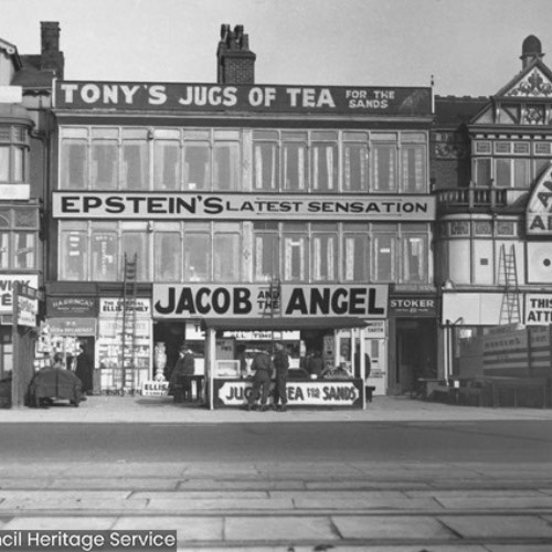 Brunswick Cafe, Tony's Jugs of Tea for the Sands, Epstein's Latest Sensation Jacob and the Angel, The Bee Amusement Arcade.