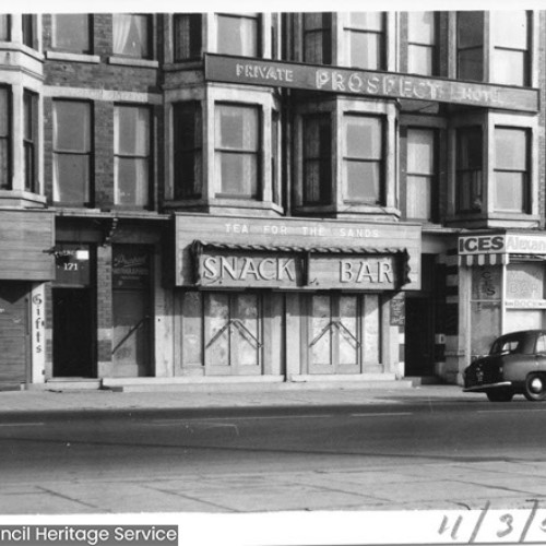 Prospect Private Hotel with a Snack Bar and Alexander Ices underneath.