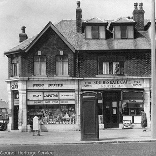 Shop fronts from left to right, Squires Gate Post Office, Squires Gate Cafe and Supper Bar and a newsagents.