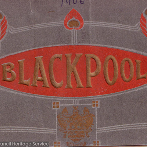 Guide book cover with grey and red pattern and Blackpool Town Crest