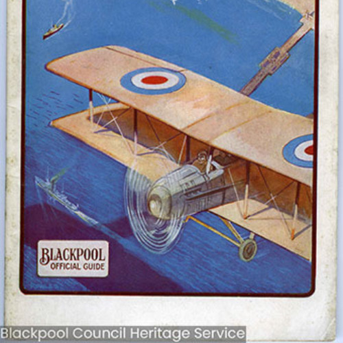 Guide book cover with illustration of a bi-plane flying over Blackpool seafront