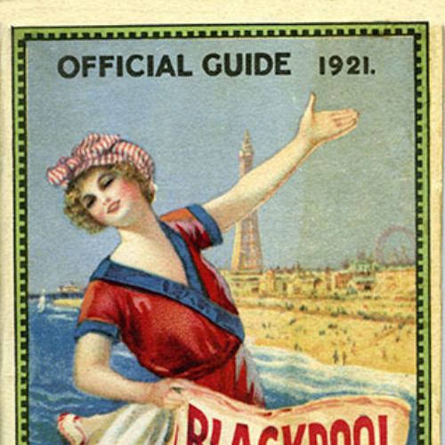 Guide book cover illustrated with a woman in a bathing costume on Blackpool beach. Text reads 'The Ideal Holiday Resort.'