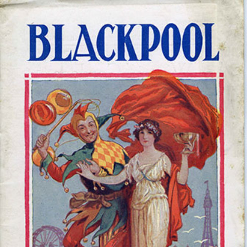 Guide book cover illustrated with a jester, a woman in Greek costume and two cherubs, Blackpool seafront in the background