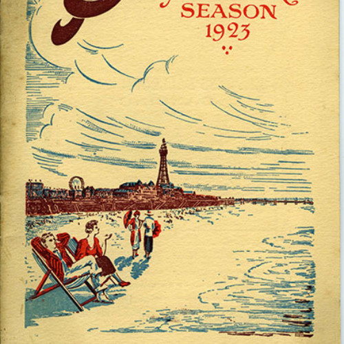 Guide book cover illustrated with two figures sat on deckchairs on Blackpool beach