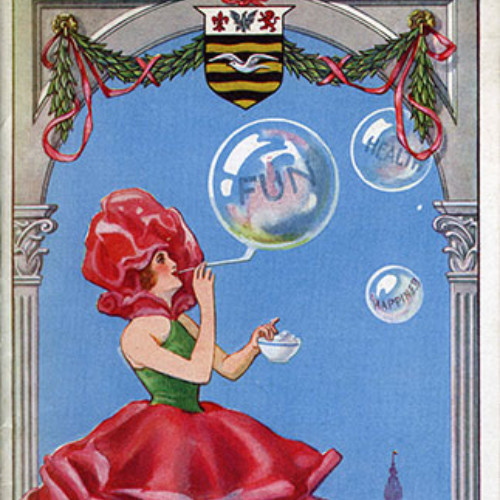 Guide book cover illustrated by woman in Rose costume blowing bubbles, with Blackpool seafront in the background. Text reads 'The Rose of English Pleasure Resorts.'