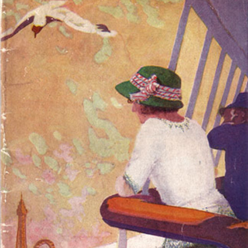 Guide book cover illustrated by a woman and man on a boat gazing at Blackpool seafront. Text reads 'The home of health, pleasure, fun and fancy.'