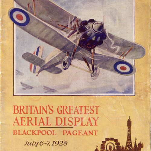 Guide book with illustration of a bi-plane and Blackpool seafront. Text reads 'Britain's Greatest Aerial Display: Blackpool Pageant July 6-7 1928.'