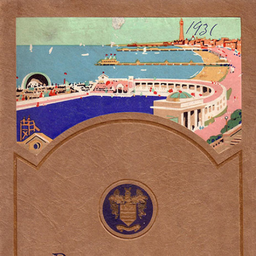 Guide book cover with illustration of swimming baths and Blackpool seafront. Text reads 'The Blackpool Holiday Journal.'