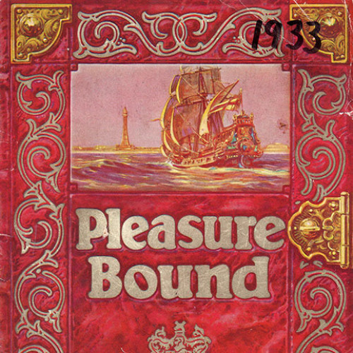 Guide book cover with illustration of sailing ship and Blackpool seafront. Text reads 'Pleasure Bound.'