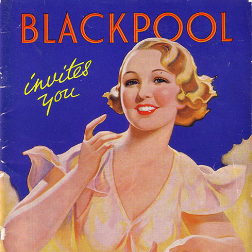 Guide book cover with illustration of a woman and Blackpool seafront. Text reads 'Blackpool invites you.'