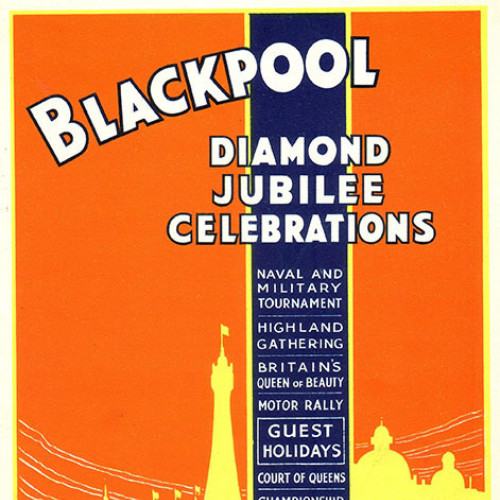Guide book cover with silhouette of Blackpool seafront on orange background. Text reads 'Diamond Jubilee Celebration: Naval and Military Tournament, Highland Gathering, Britain's Queen of Beauty, Motor Rally, Guest Holidays, Court of Queens, Championship Dog Show, Horse and Pony Show, June 7th to 27th 1936.'