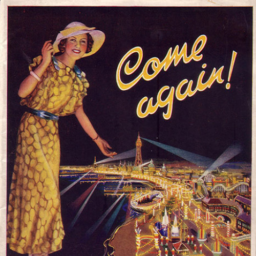 Guide book cover with illustration of woman overlooking an illuminated Blackpool seafront at night. Text reads 'Come again! Blackpool Illuminations Autumn season programme Sept 12th to Oct 19th 1936.'