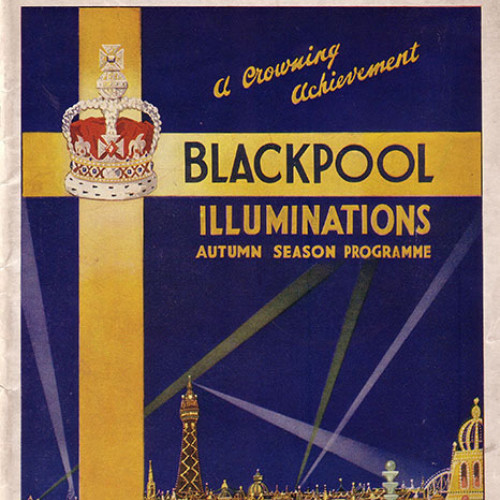 Guide book cover with illustration of Blackpool illuminations and a crown. Text reads 'A Crowning Achievement, Illuminations Autumn Season Programme Sept 18th to Oct 25th 1937.'