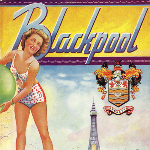 Guide book cover with illustration of Blackpool seafront and town crest and a woman with beachball. Text reads 'The Holiday Playground of the World.'