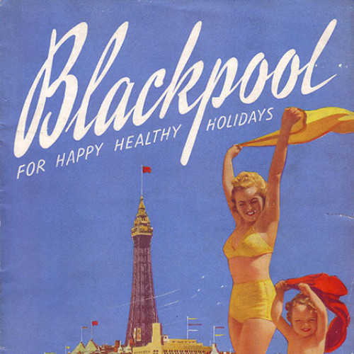 Guide book cover with illustration of woman and child on Blackpool beach. Text reads 'For Happy Healthy Holidays.'