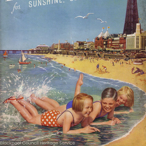 Guide book cover illustrated with children playing on Blackpool beach. Text reads 'For Sunshine, Sea & Sand.'