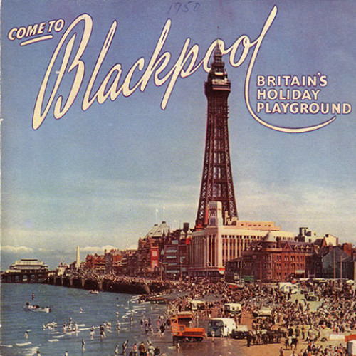 Guide book cover with photograph of Blackpool seafront. Text reads 'Come to Blackpool, Britain's Holiday Playground.'