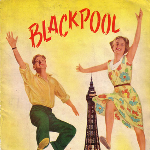 Guide book cover with illustration of a man and woman leaping on Blackpool seafront