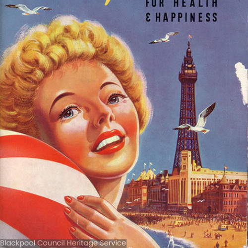 Guide book cover with illustration of woman with beachball on Blackpool seafront. Text reads 'For Health and Happiness.'