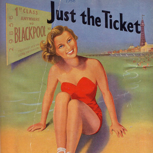 Guide book cover with illustration of woman in swimming costume on Blackpool beach. Text reads 'Just the Ticket.'