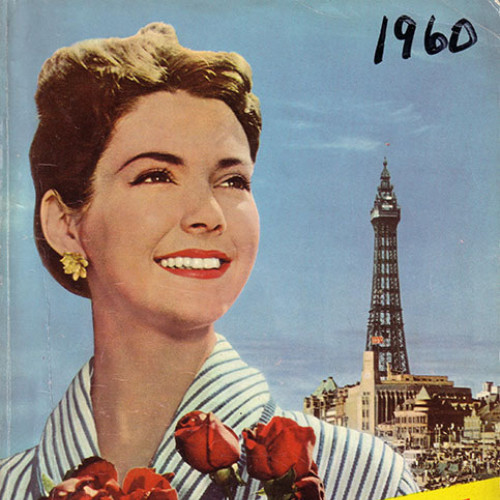 Guide book cover with photograph of woman holding a bunch of roses on Blackpool seafront