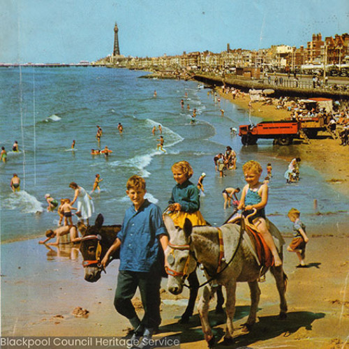 Guide book cover with photograph of children having donkey rides on Blackpool beach