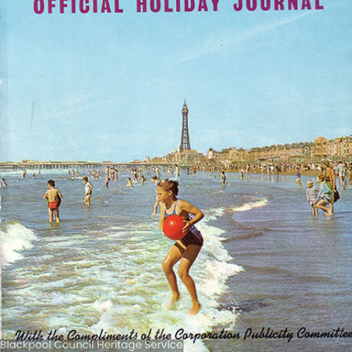 Guide book with photograph of children playing on Blackpool beach. Text reads 'County Borough of Blackpool Official Holiday Journal. With the compliments of the Corporation Publicity Committee.'