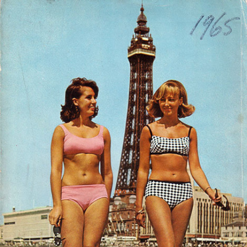 Guide book cover with photograph of two women in bikinis on Blackpool beach