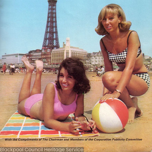 Guide book cover with two women in bikinis on Blackpool beach. Text reads 'Blackpool Holiday Journal, with the compliments of the Chairman and members of the Corporation Publicity Department.'